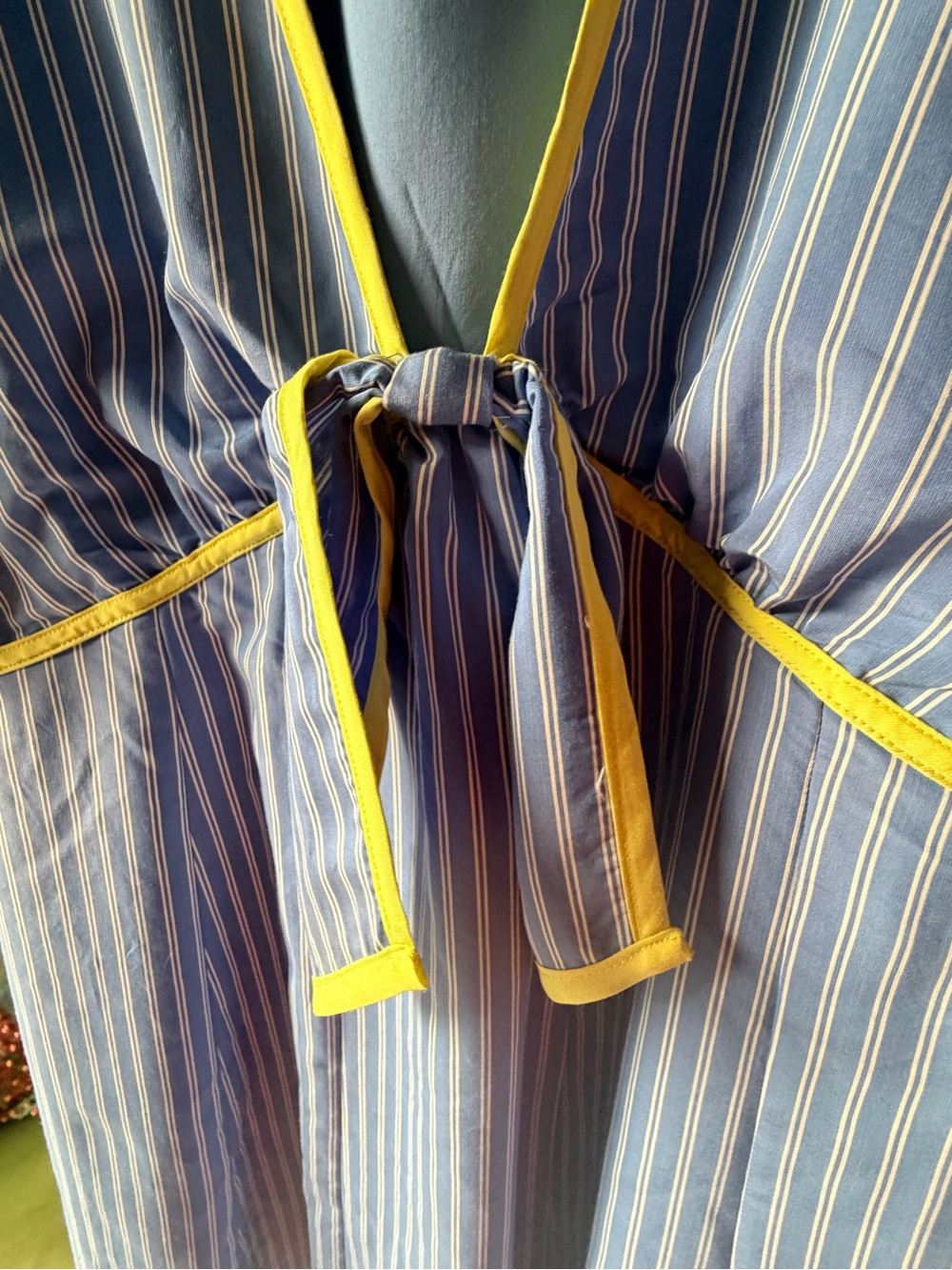 Anthropologie Maeve Blue Striped Midi Dress Yellow Trim Tie Front Size L Boho - Picture 4 of 10